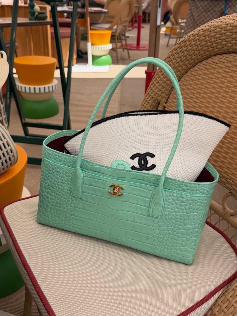 CHANEL Mint Green Croc-Embossed Shoulder Tote with Gold Hardware